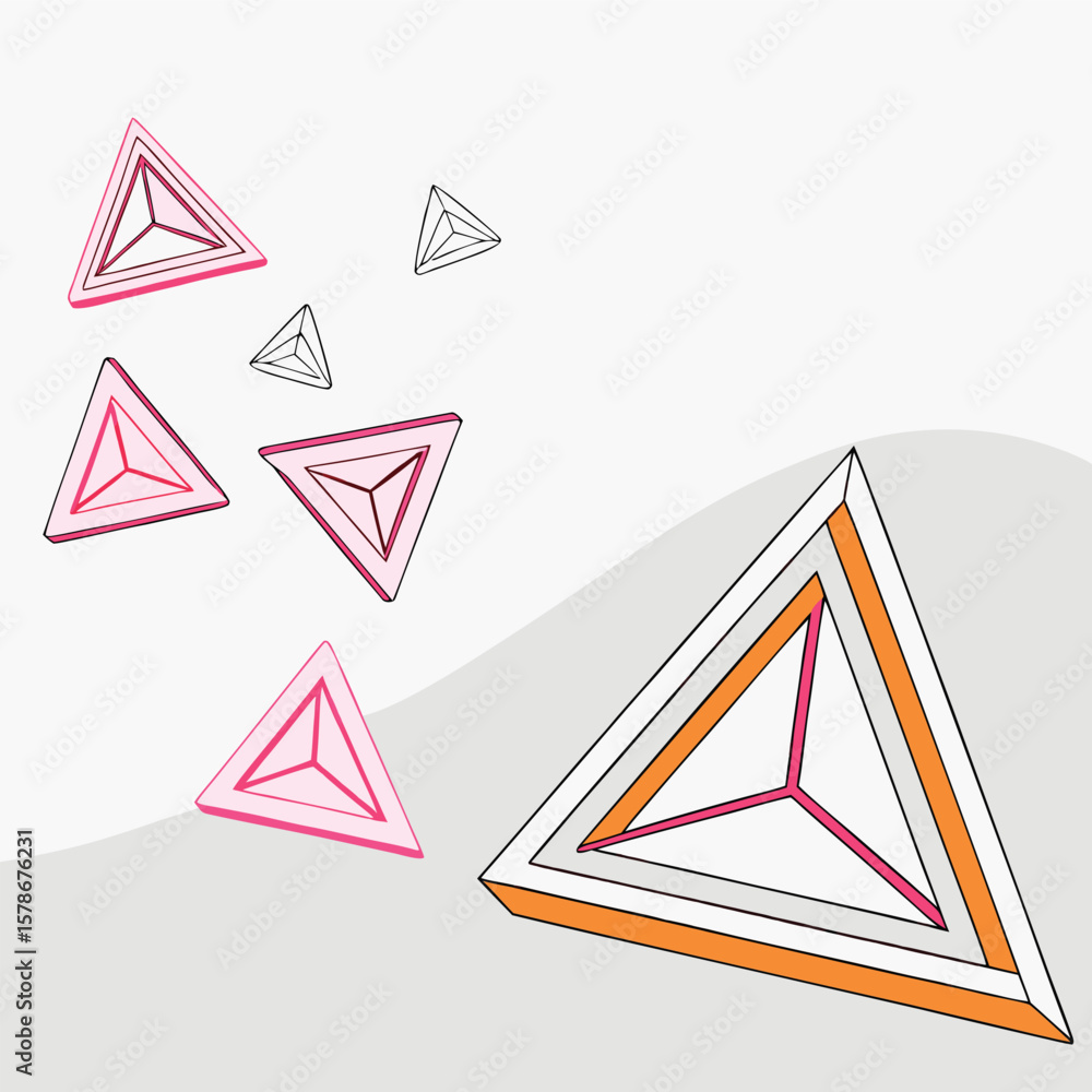 Poster abstract geometric composition with floating pink and orange triangles creating a modern and minimal