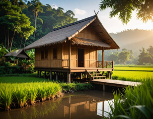 Traditional bamboo house design set in lush green rice fields with serene water reflection and warm sunlight creating peaceful atmosphere
