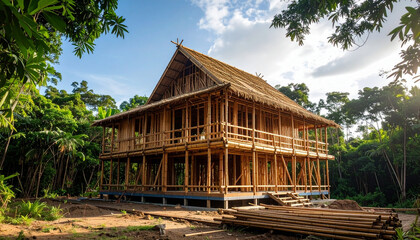 Traditional wooden house construction lush green forest setting with scaffolding and building details visible, surrounded by vibrant trees