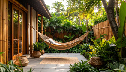 Cozy outdoor space with hammock hanging between trees and house with wooden sliding doors, surrounded by lush green plants and bamboo fencing