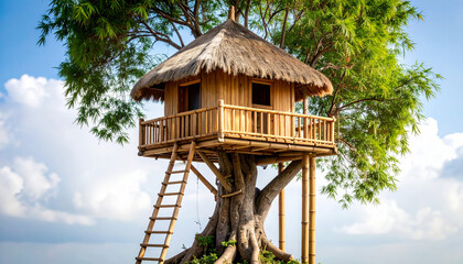 Treehouse built on large tree with green leaves and thatched roof, surrounded by blue sky and clouds, evokes peaceful and natural atmosphere