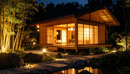 Serene bamboo house design illuminated at night, surrounded by nature with warm lighting creating peaceful atmosphere