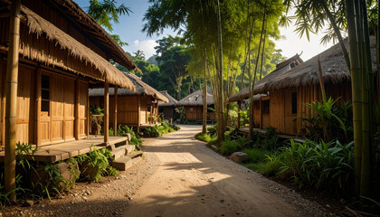 Peaceful village scene with traditional bamboo and thatched roof houses surrounded by lush greenery and tall trees, creating serene and natural