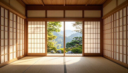 Traditional Japanese room with shoji screens and tatami mats overlooking scenic garden with trees and mountains in background