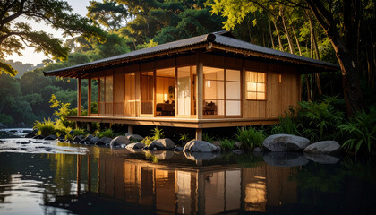 Wooden house built on stilts over calm river surrounded by lush green trees during sunset, creating peaceful and natural atmosphere