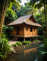 Wooden house with thatched roof is surrounded by lush green bamboo and trees, creating peaceful and natural setting. house is built stilts over