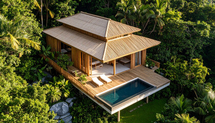 Luxurious house with pool surrounded by lush greenery offers peaceful retreat nature. bamboo design enhances natural aesthetic of house and pool