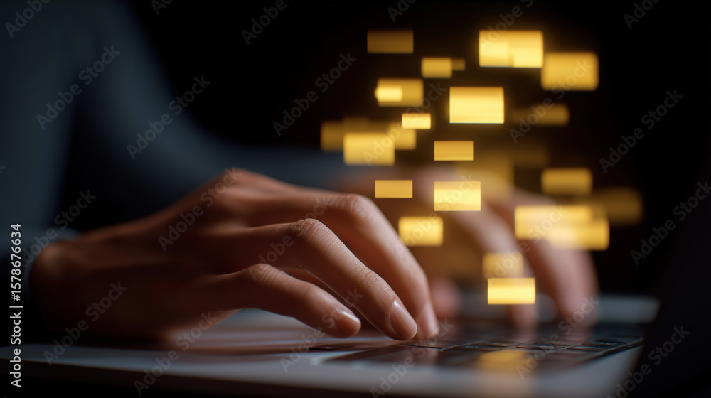 Poster hands typing on laptop with floating yellow folder and nodes