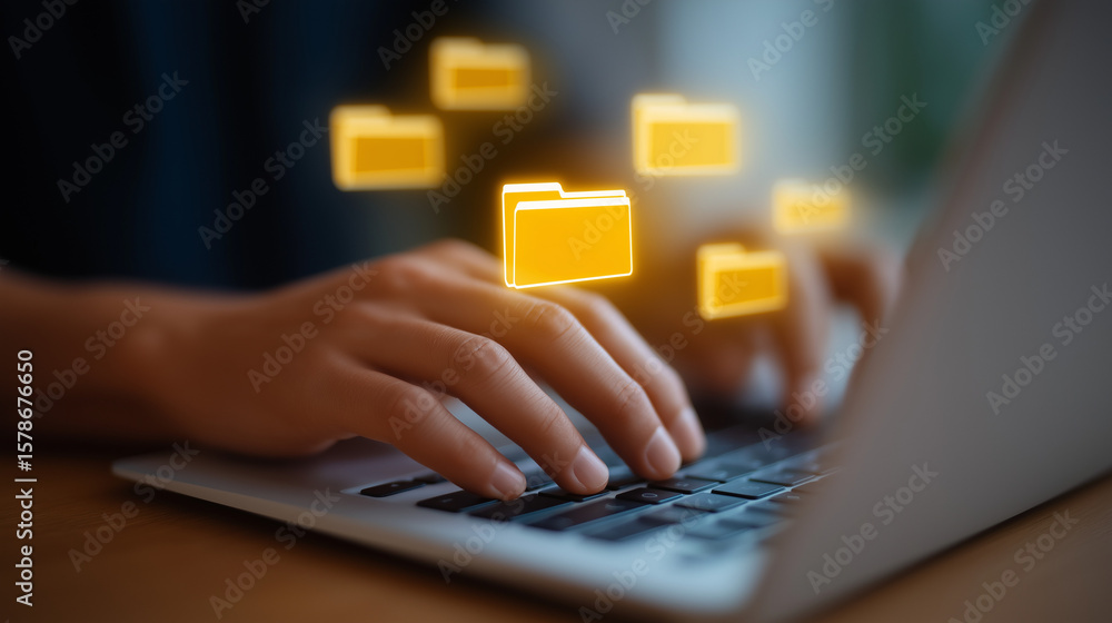 Poster close-up of hands typing on a laptop with floating folder nodes