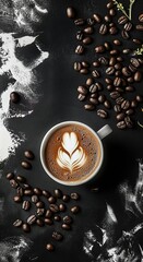 Cup of coffee with delicate latte art, surrounded by coffee beans on black background, highlighting coffee art and deliciousness