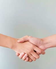 Two hands shaking on light gray background, symbolizing friendship, cooperation, and trust