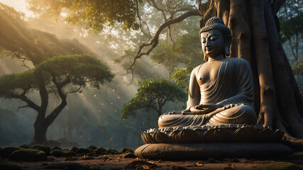 Buddha statue meditating peacefully under a tree in a serene and misty forest environment scene