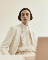 Elegant woman in white office attire working in a minimalist setting