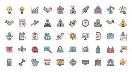 Fototapeta premium A collection of colorful business and finance icons arranged on a white background.