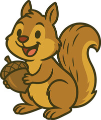 Cute Cartoon Squirrel Holding Acorn, Happy Woodland Animal Illustration, Adorable Forest Creature, Cheerful Rodent, Nature's Delight, Playful Character Design for Kids and Nature Lovers.

Keywords: