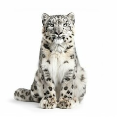 Obraz premium Studio shot of a snow leopard sitting majestically against a white backdrop