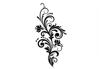 Elegant black floral swirl ornament with leaves and dots on white background