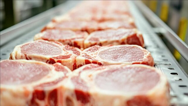 Industrial view of a beef processing facility with conveyor belt for packaging raw steaks.