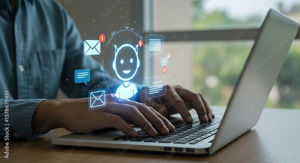 Poster businessman using a tablet to check off items on a digital checklist with a holographic interface wh