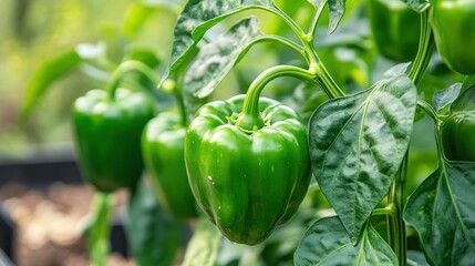 Close-up of green bell peppers growing on a plant