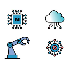 A I Technology Icons Blue Teal Pink Robotic Arm Cloud Computing Circuit Board