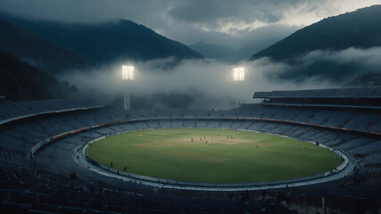 Aerial view of a cricket stadium with mountains and fog under a cloudy sky at dusk or dawn time