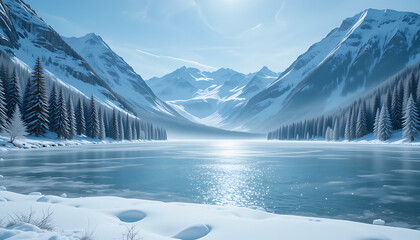 A majestic winter landscape with snow-covered mountains and a frozen lake. The surface of the lake sparkles subtly, surrounded by pine trees dusted with snow. Cold blue sky with soft winter light. No 