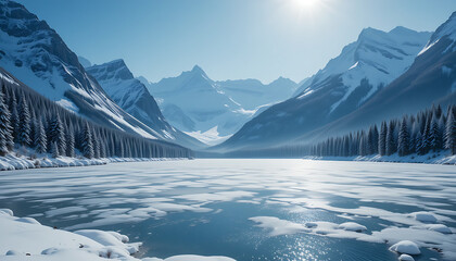 A majestic winter landscape with snow-covered mountains and a frozen lake. The surface of the lake sparkles subtly, surrounded by pine trees dusted with snow. Cold blue sky with soft winter light. No 