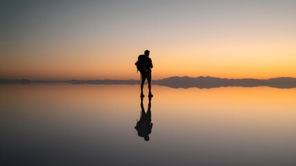 Silhouette of a traveler standing still by sunset sky