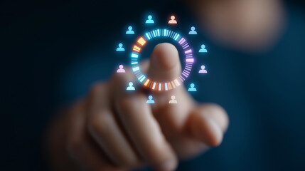 Fototapeta premium Close-up of a finger pointing at a holographic pie chart