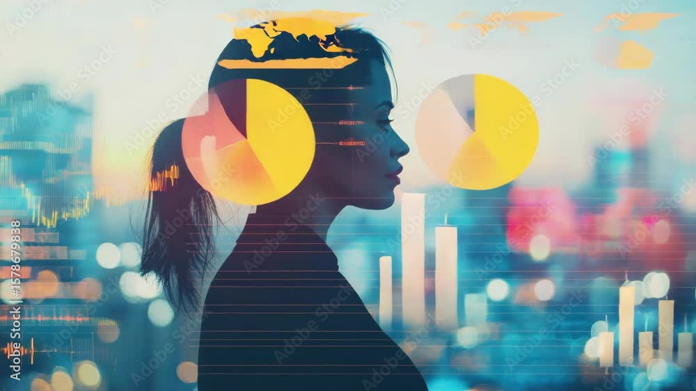 Poster female figure in contemplative pose with digital city backdrop, emphasizing connection between human