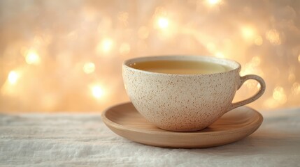 Fototapeta premium Warm Cup of Tea on a Cozy Table with Soft Bokeh Background