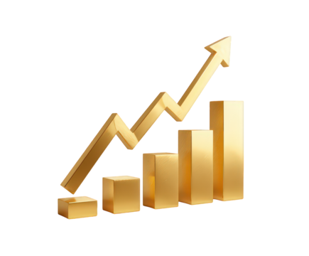Golden arrow and bar chart showing business growth isolated on transparent background