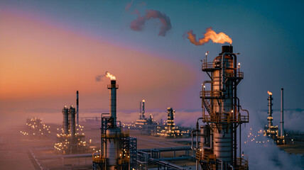 Symmetrical oil refineries at twilight with warm sky, flares, and industrial glow.
