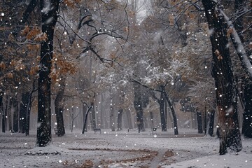 Snow is falling on trees in a city park during winter, creating a peaceful and serene atmosphere