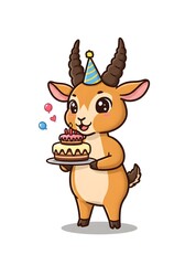Fototapeta premium Cartoon Gazelle Celebrating Birthday with Cake