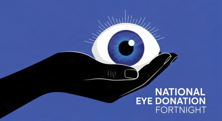 Graphic illustration of a human eye held in a black hand against a blue background with text promoting eye donation