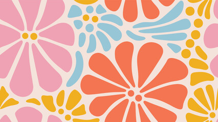 Retro floral wallpaper with pink, orange, yellow, and blue flowers in a seamless repeat pattern