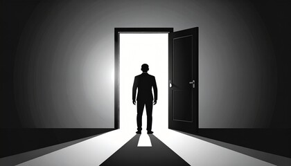 Obraz premium Generated image Black and white silhouette of a person opening a door into bright light
