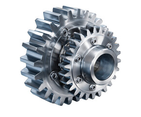 A gleaming metal gear is showcased in a detailed closeup, highlighting its intricate design and the precision engineering of the mechanical component isolated on transparent background