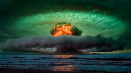 Massive mushroom cloud from nuclear blast with bright fiery core surrounded by toxic green smoke ring