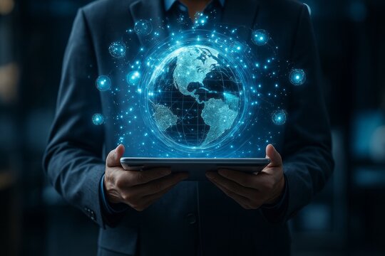 Man in suit holds tablet displaying a holographic earth with glowing connections showcasing global technology and digital networks for international business.