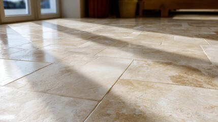 Sunlit travertine tile floor with natural stone pattern and light reflections