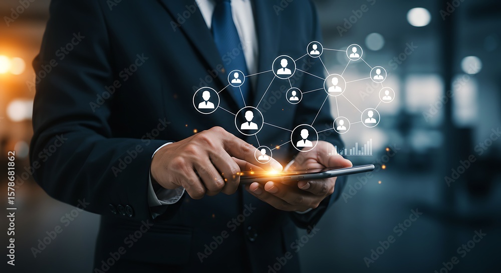 Poster businessman interacting with a futuristic holographic interface displaying employee profiles and per