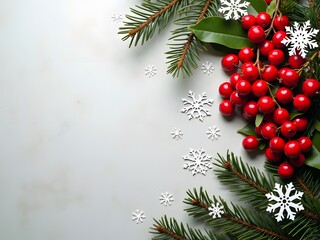 Right Edge Christmas Berry Accent: Top-down flat lay featuring red Christmas berries arranged along the right-hand side of the image, set against a textured neutral background with pine and snowflake 