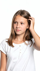 Fototapeta premium Teenager Female showing disappointed facial expression with scratching head, half-body portrait, studio lighting, isolated on pure white background, commercial stock photo style