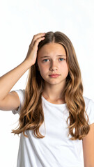 Fototapeta premium Teenager Female showing disappointed facial expression with scratching head, half-body portrait, studio lighting, isolated on pure white background, commercial stock photo style