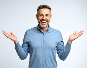 Naklejka premium Adult Male showing amused facial expression with arms open, half-body portrait, studio lighting, isolated on pure white background, commercial stock photo style