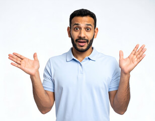 Fototapeta premium Adult Male showing embarrassed facial expression with arms open, half-body portrait, studio lighting, isolated on pure white background, commercial stock photo style