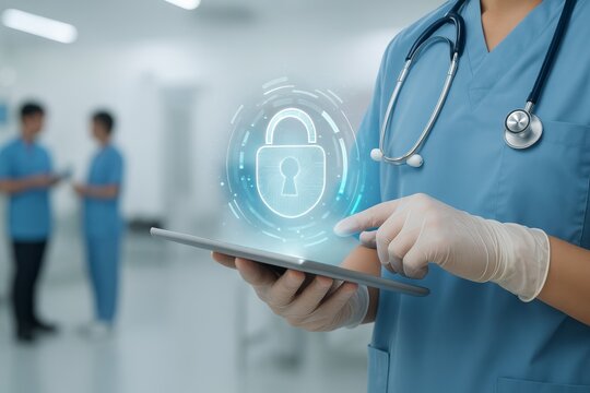 Secure Digital Health: A Doctor with a Tablet and a Holographic Lock, Protecting Patient Data within a Modern Hospital Setting
